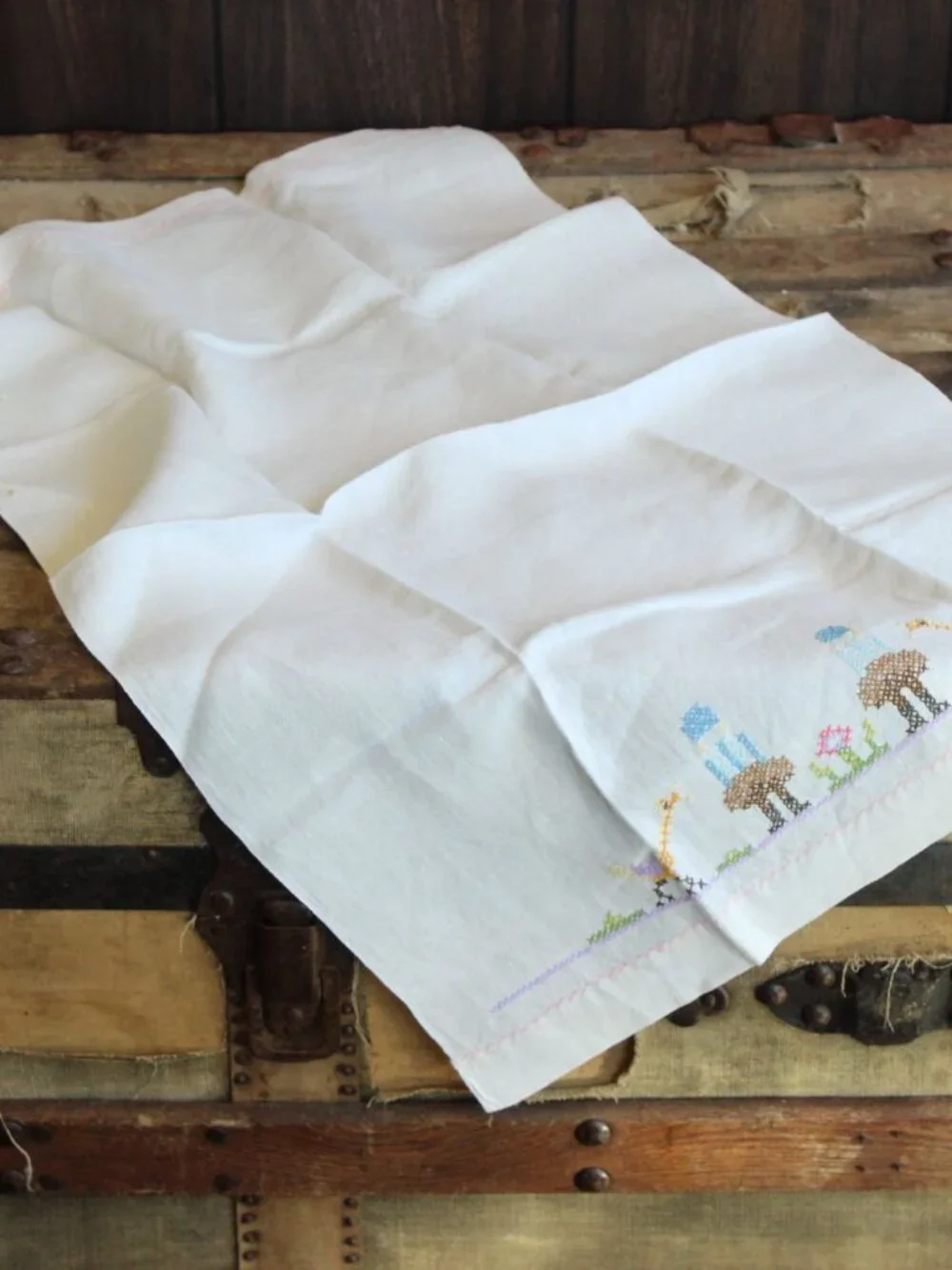 Vintage 1950s Hand Towel, White Linen Cross-stitched, Embroidery Tea Towel